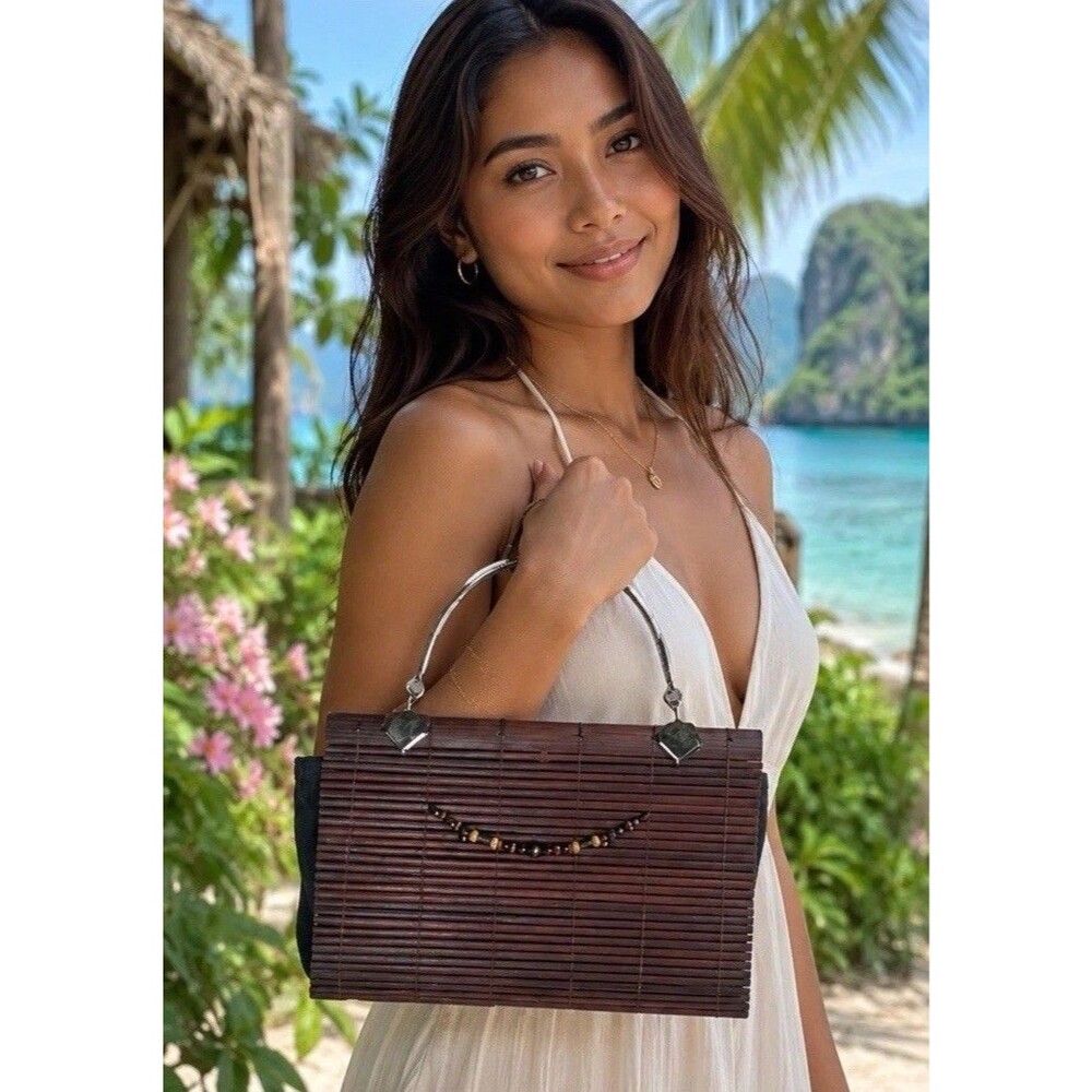 Vintage Bamboo Handbag From Thailand W/Silver/Beads Embellishment Silver Handles